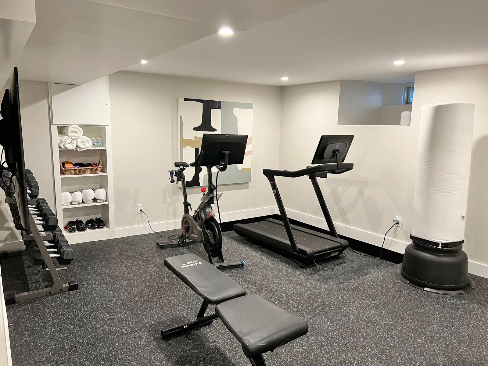 Finished basement home gym with a treadmill, exercise bike, free weights and a wall screen